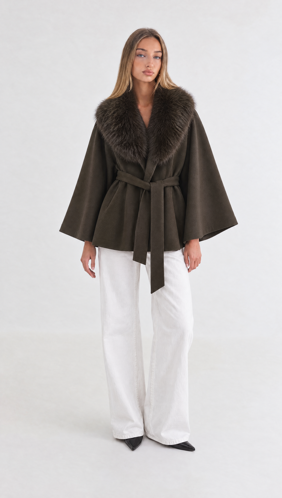 Olive Cape Coat with Fur Collar & Tie Belt