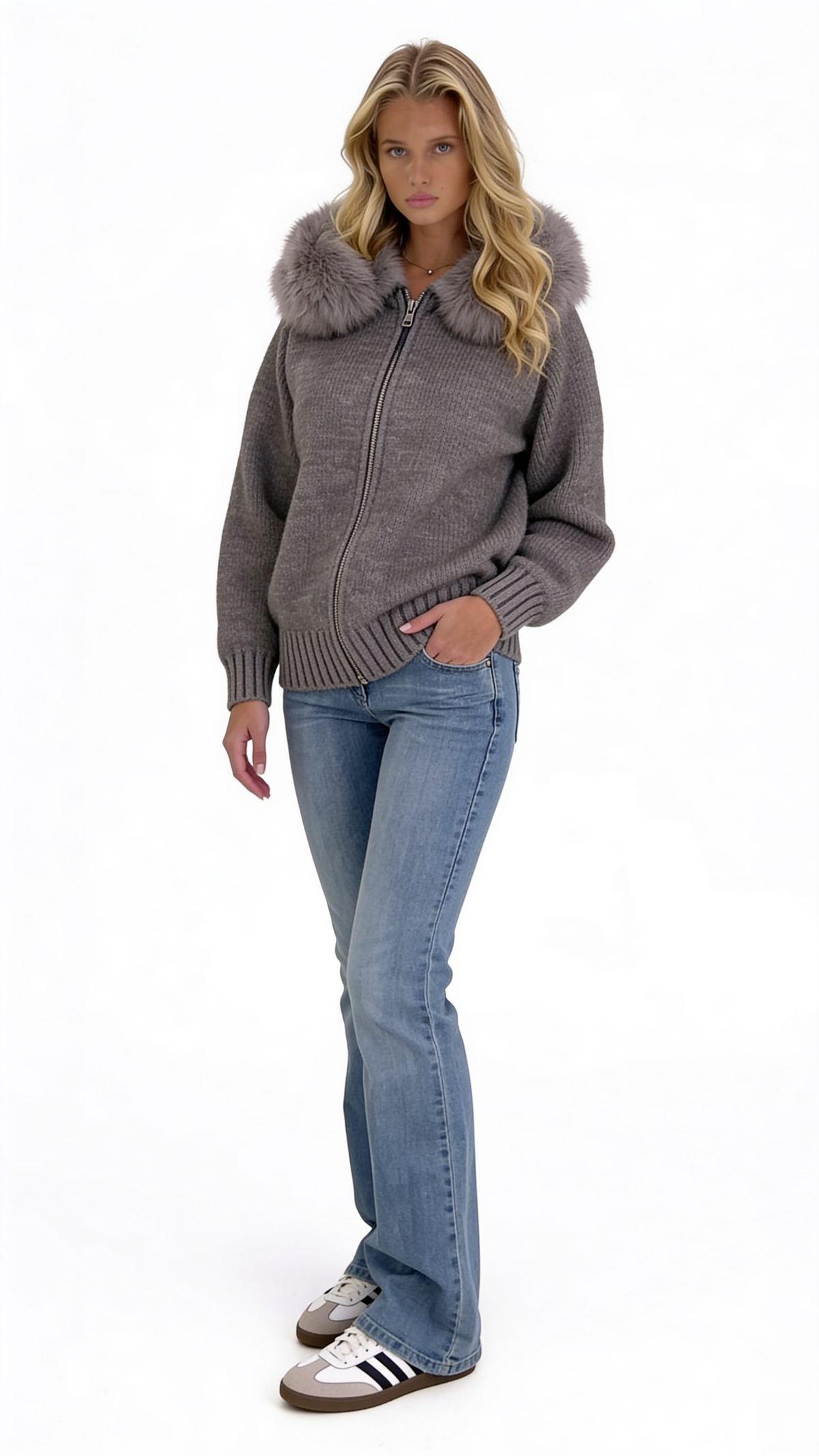 Knit Cardigan with Faux Fur Collar — Taupe Gray