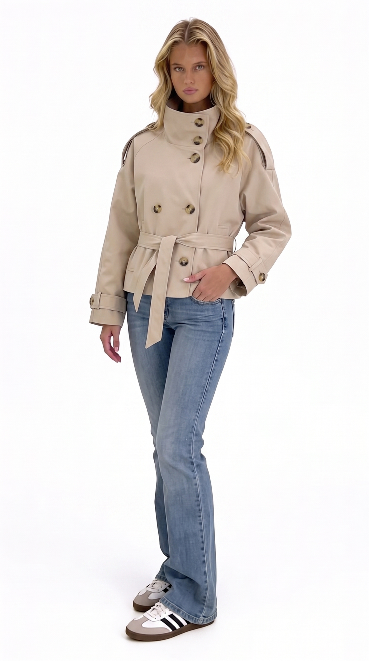 Short Coat with Tie Belt — Beige