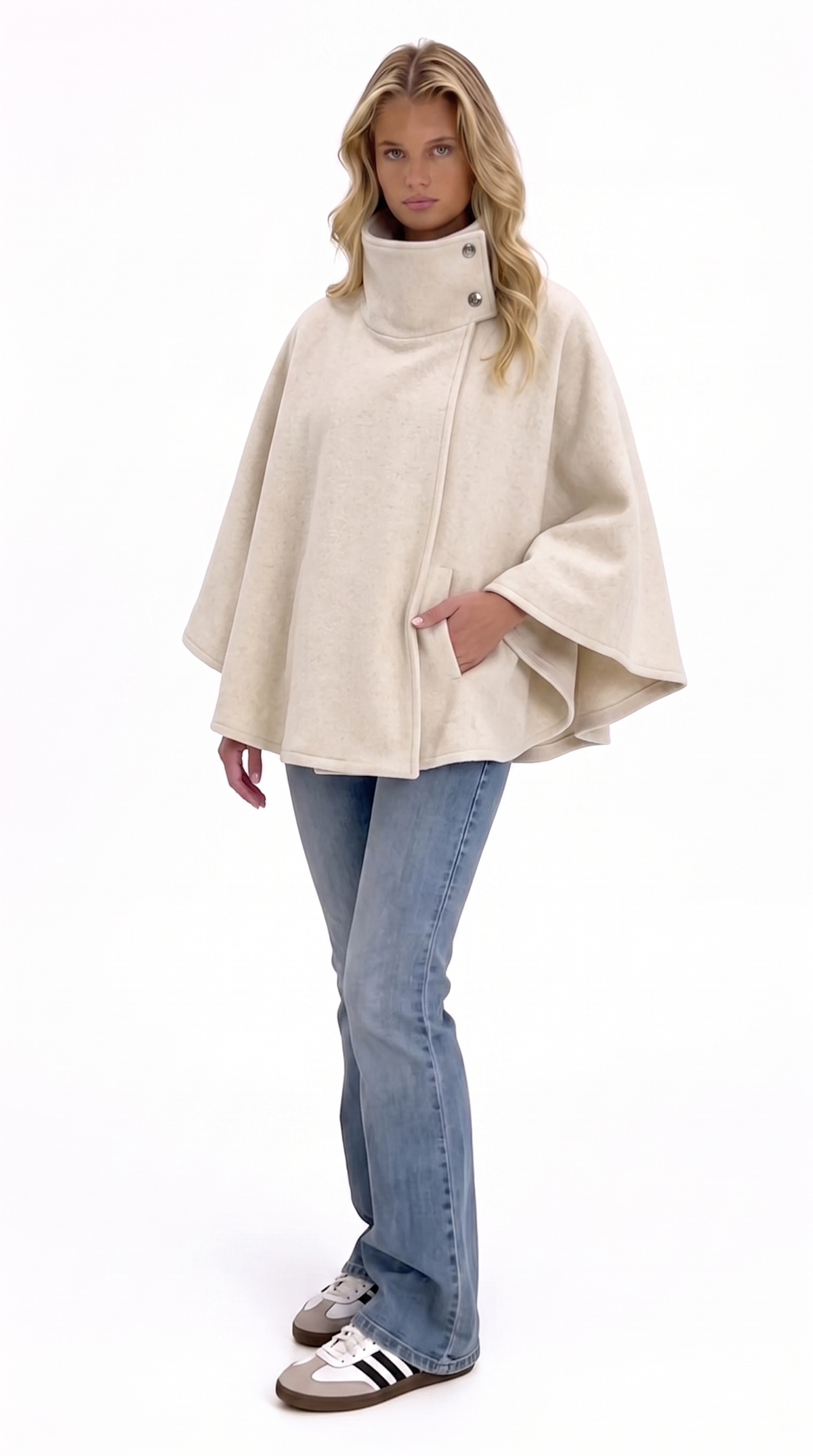 Wool Cape with Stand Collar — Off-White