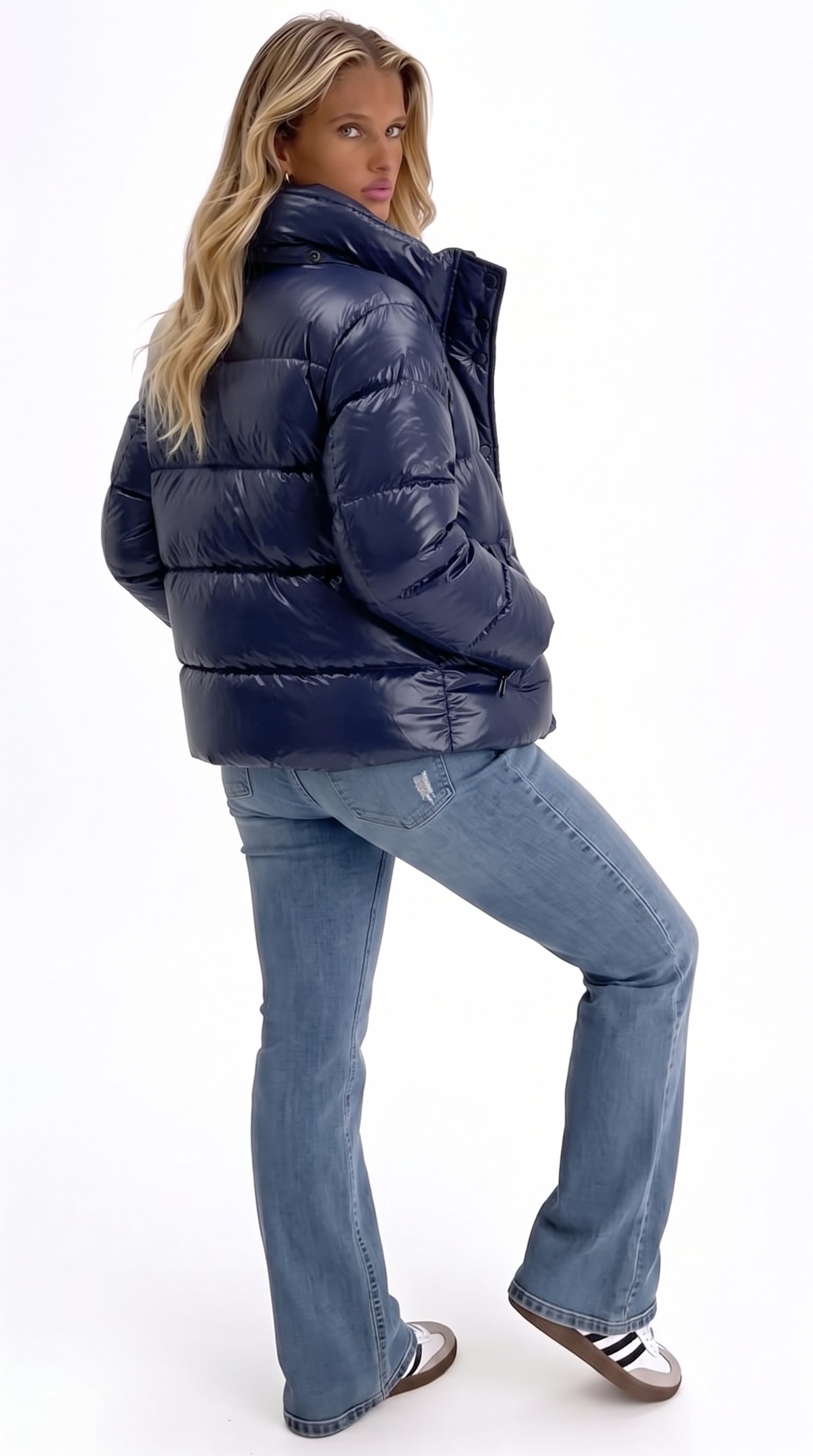 Hooded Puffer Jacket — Glossy Navy