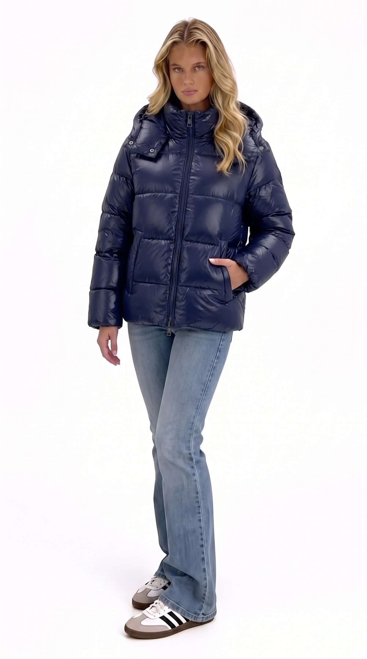 Hooded Puffer Jacket — Glossy Navy
