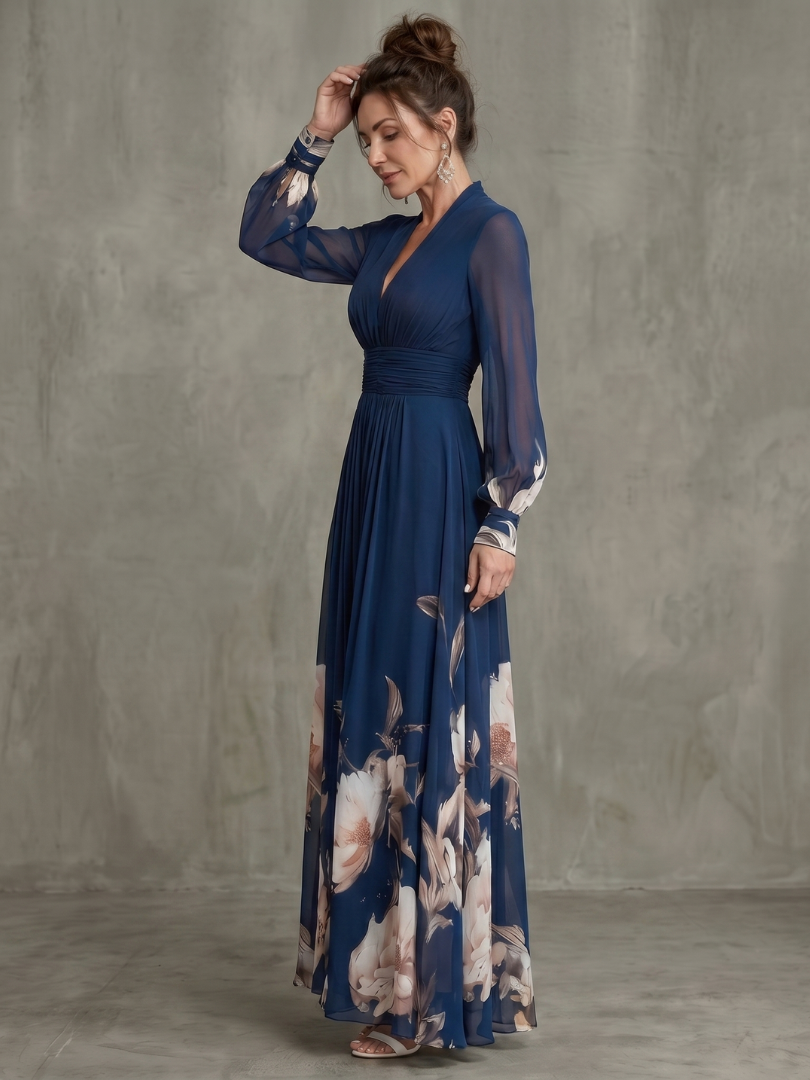 Maude | Herfstjurk met bloemendetails en doorschijnende mouwen