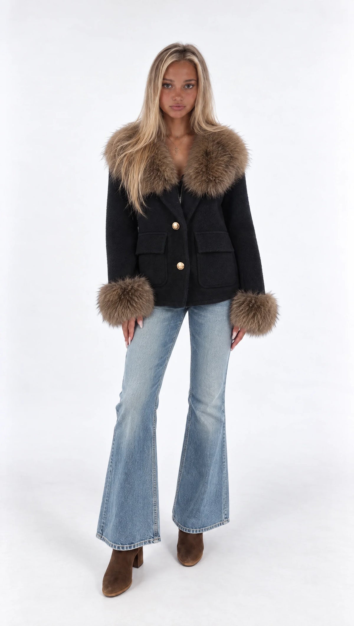 Bouclé Jacket with Fur Collar and Fur Cuffs