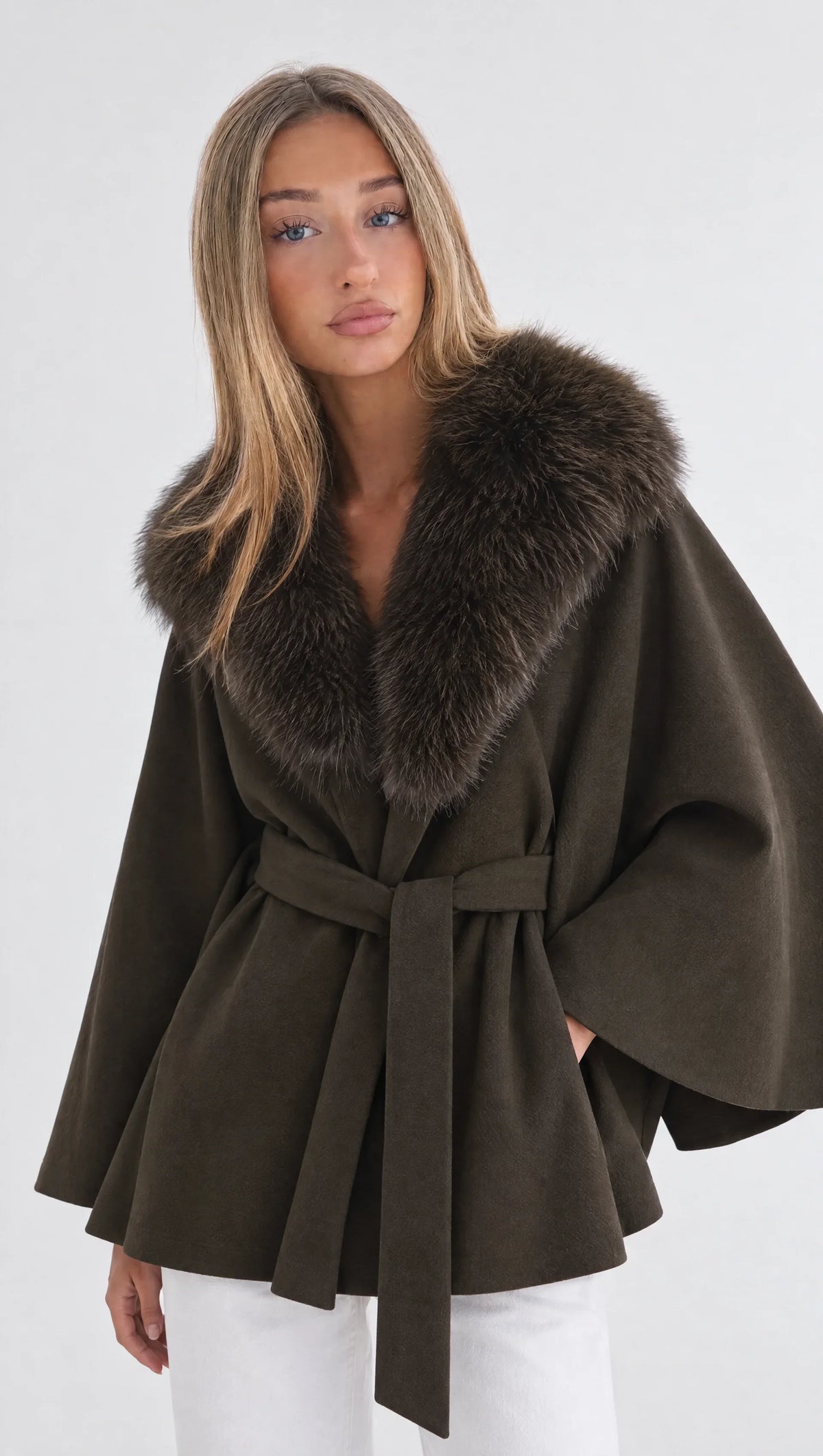 Olive Cape Coat with Fur Collar & Tie Belt