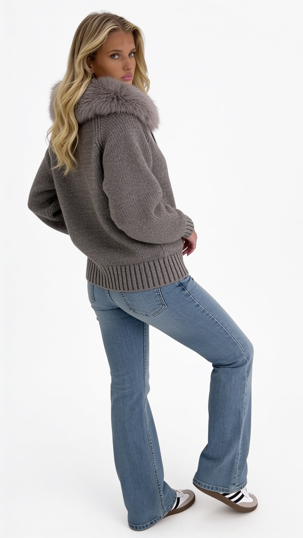 Knit Cardigan with Faux Fur Collar — Taupe Gray