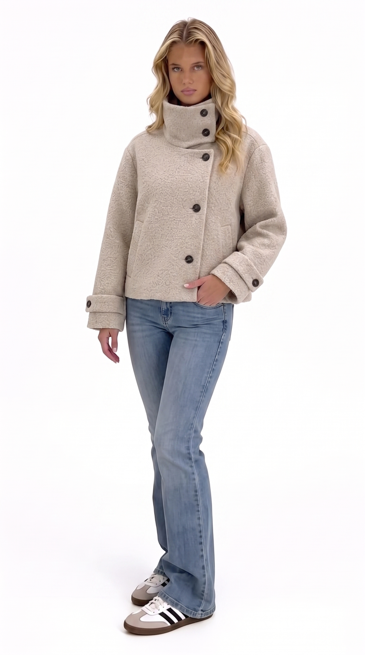 Bouclé Jacket with Asymmetric Collar — Sand