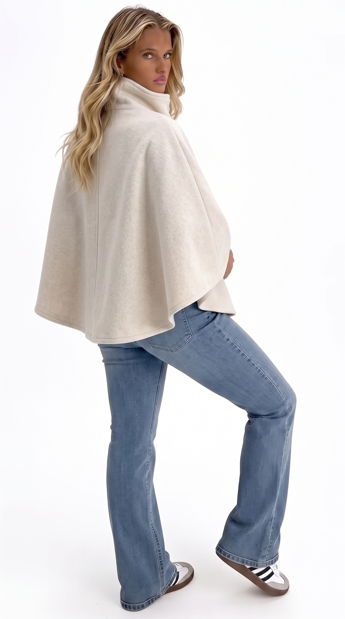Wool Cape with Stand Collar — Off-White